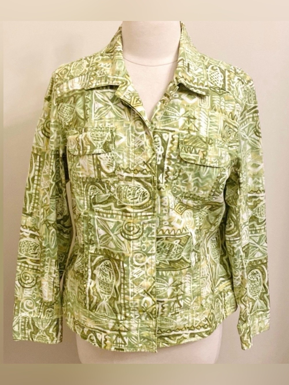 Chico’s Green White Gone Fishing Fish Pattern L Coastal Grandma Nautical Jacket